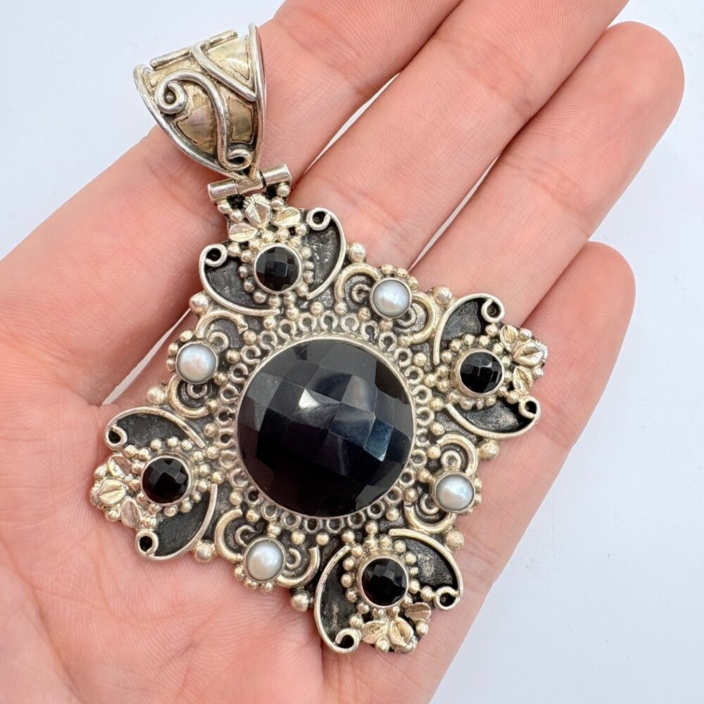 India Black Onyx & Pearl Pendant Scroll Cross Design VTG Sterling Silver 3" L